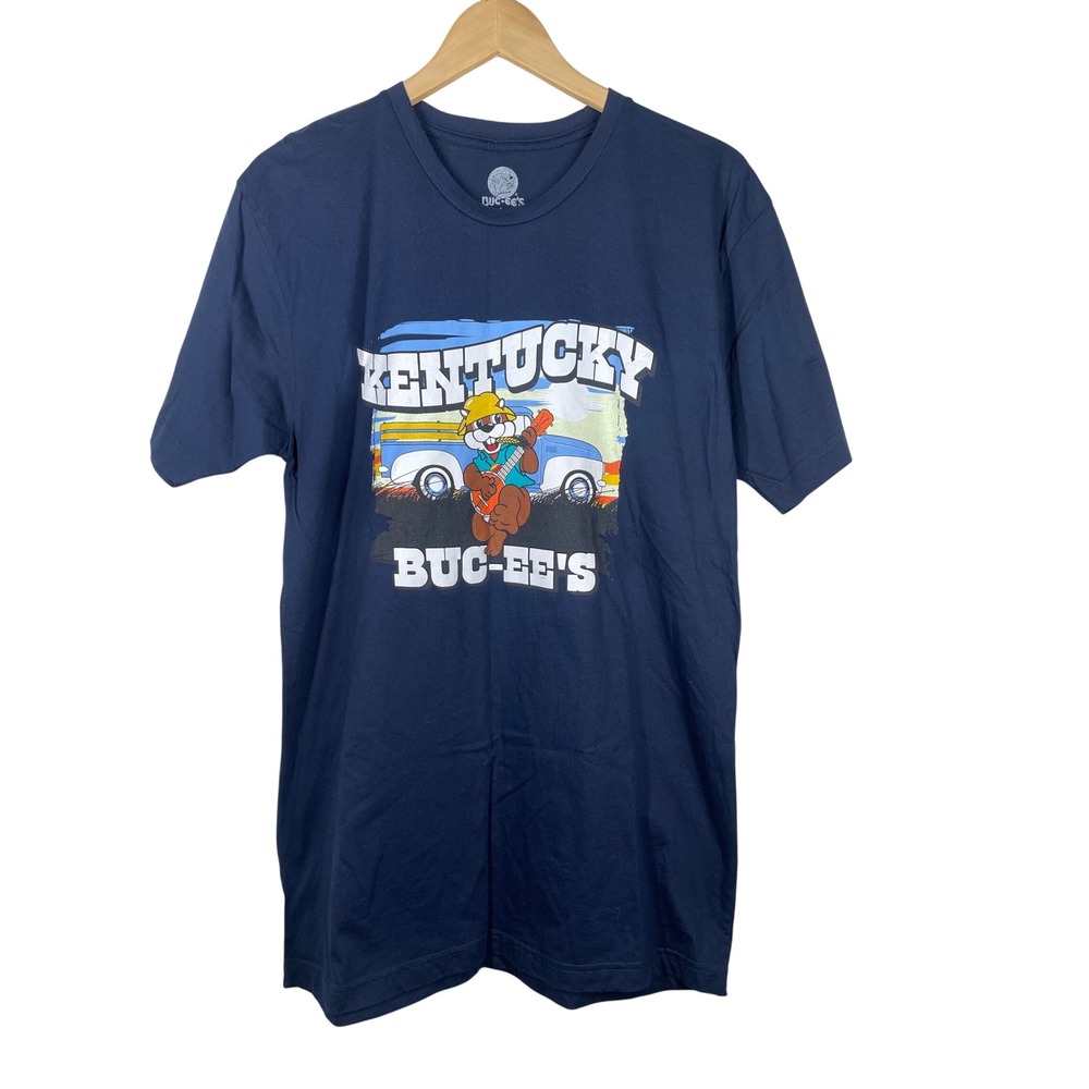 Buc-ee's Kentucky Mens Large Navy Blue Graphic T-Shirt Beaver Guitar Truck L